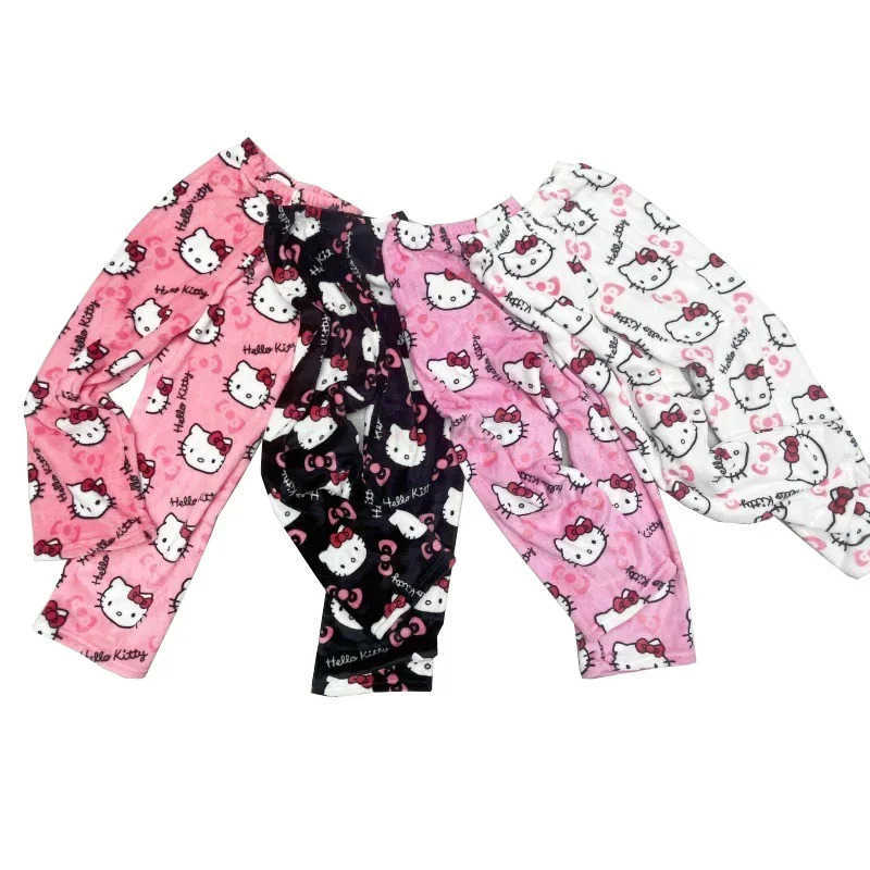 Sanrio 2024 Hello Kitty Pajamas Halloween Flannel Fashion Trouserswomen Kawaii Woolen Anime Cartoon Casual Home Pants Autumn L250925