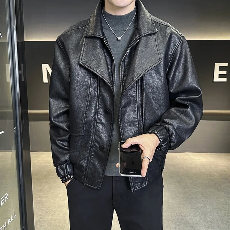 Trendy Splicing Leather Jacket Mens High Street Handsome Stylish PU Coat Autumn Korean Style Lapel Motorcycle Jacket 250109