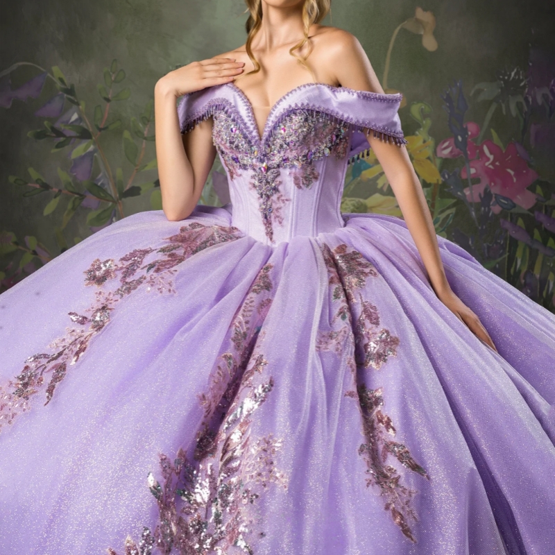 Light Lilac Shiny Quinceanera Dresses Off The Shoulder Sequin Applique Lace Beading Crystal Tull Party Birthday Sweet 16 Dress Vestidos 15 De Anos