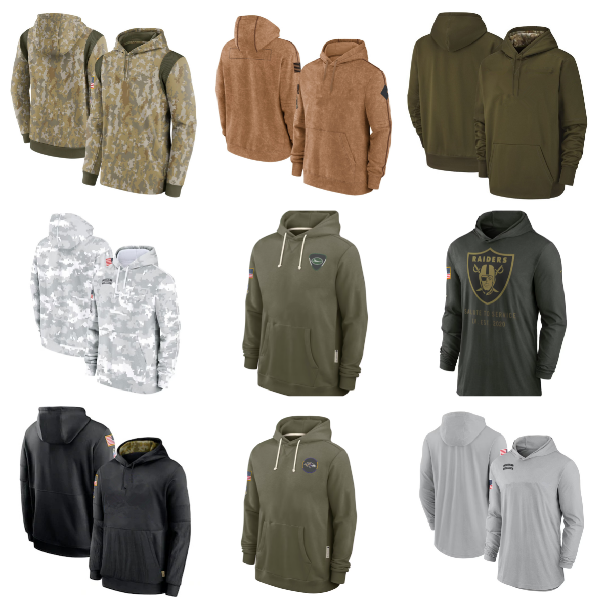 Eagles Cowboys Vikings Ravens Lions Bears Broncos Jaguarss Bengalss Jet Chiefss Titan Raider Coltss military green 2025 Salute to Service Pullover Hoodie Men women