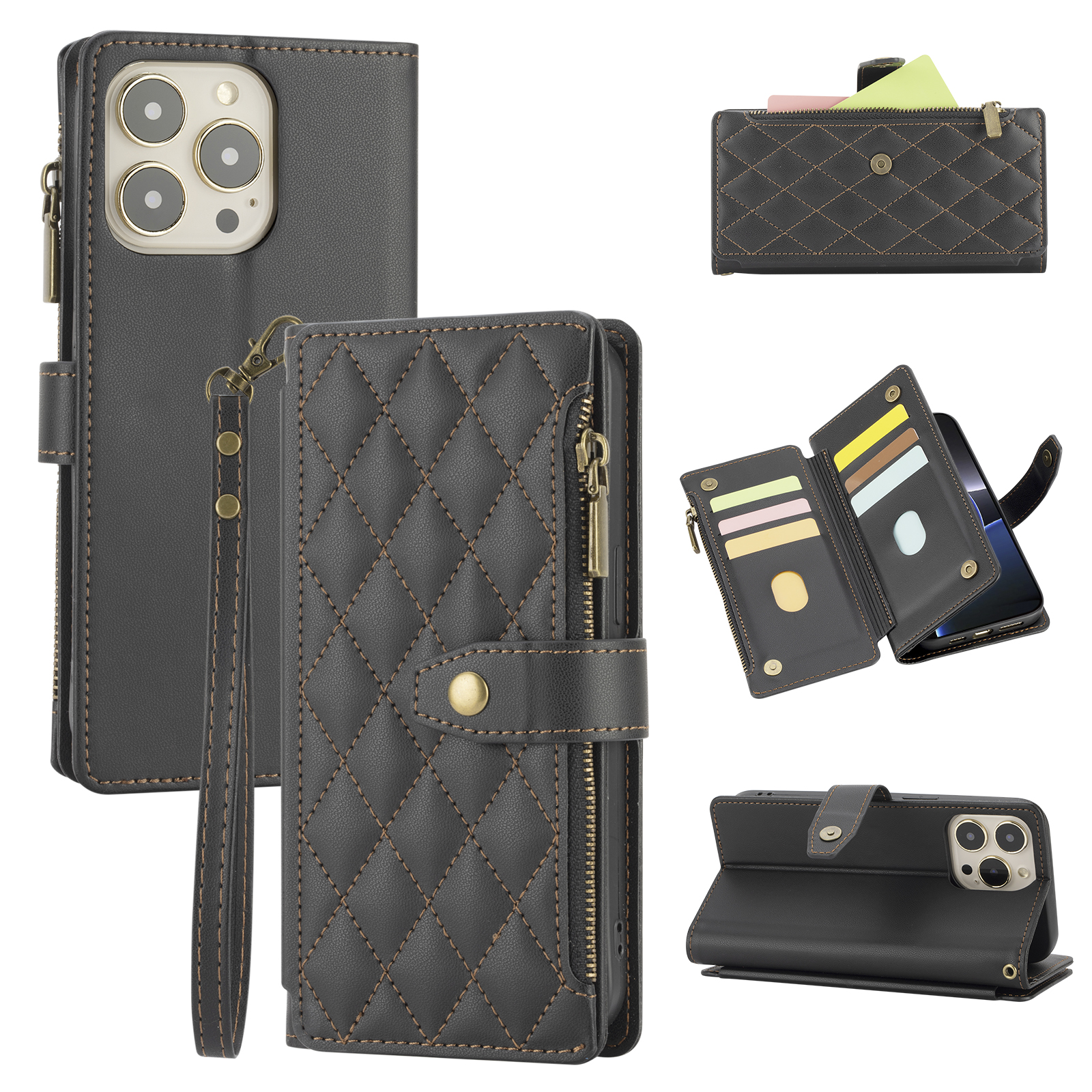 Quilted Leather Wallet Phone Case with Card Slots, Zipper & Wrist Strap, Protective Flip Cover for Mobile Phones