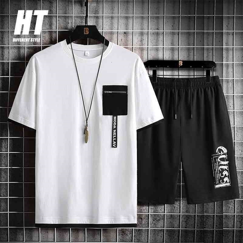 Men's Set Fashion Short Sleeve Tracksuit Sets Ribbon Patchwork Men Sportswear+Casual Sports Shorts Summer Male Sports Suit 2 PCS 210603