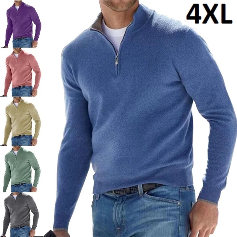 Men's Polos Autumn Winter Men's Warm Polo Shirt Solid Color Half Zipper Casual Sweater Slim V-Neck Long Sleeve Sweatshirts Male Pullover Top