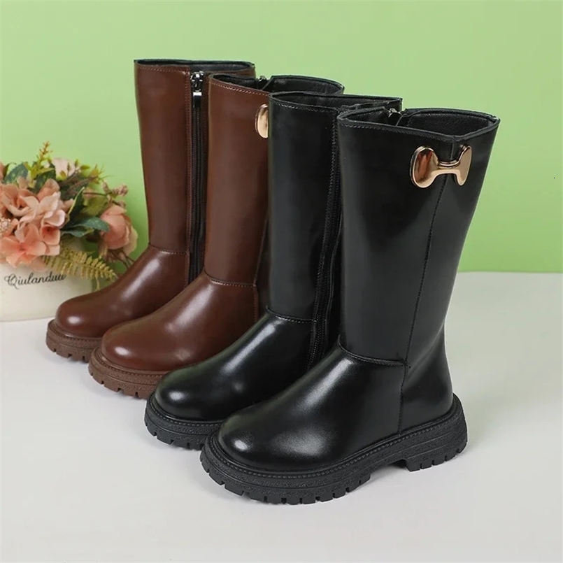 Girls Long Boots Black Fashion Kids Leather High Boots Autumn Winter Fashion Warm Fur Children Motorcycle Boots Classic 241014