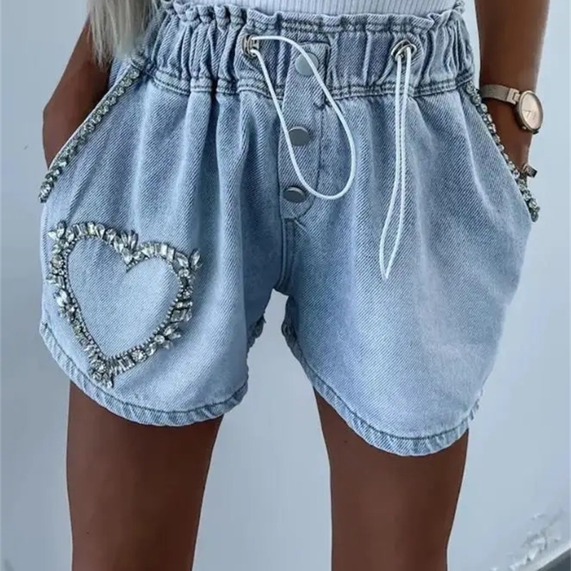 Y2K Summer Casual Fashion Cargo Shorts Temperament Commuting Rhinestone Heart Pattern Drawstring Trending Denim Shorts 250118