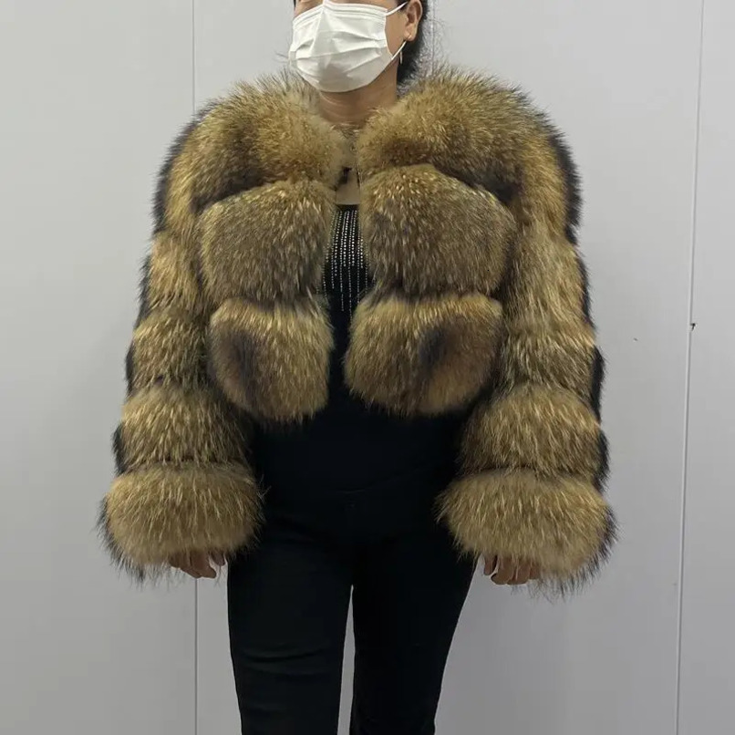 BEIZIRU Raccoon Fur Coat Womens Winter Long Sleeve Natural Jacket Thick Top 241115