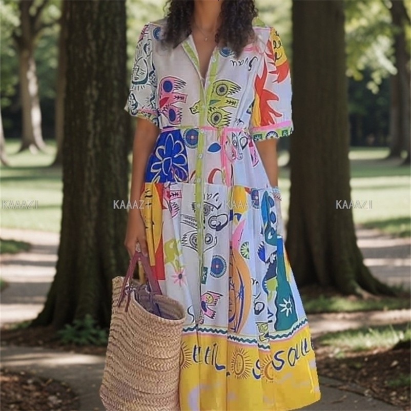 Polo Neck Short Sleeve Maxi Dress Vintage Print Fashion Long Dresses Women Casual Female Elegant Robe Vestido Holiday Boho 240703