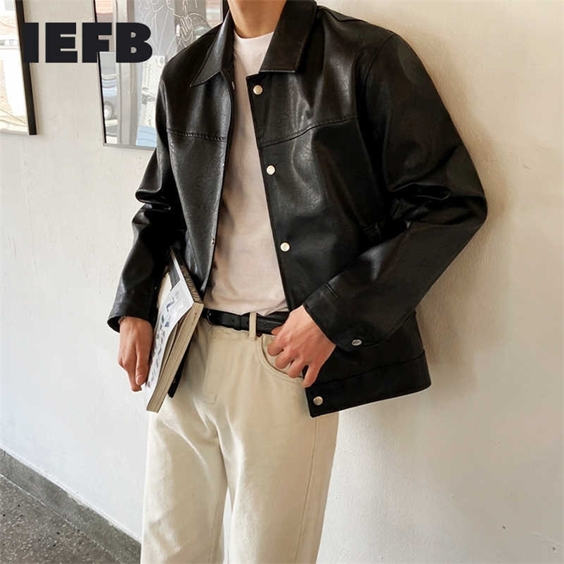 IEFB Men's Clothing Single Breasted PU Leather Jacket Korean Fashion Casual Autumn Vintage High Quality Black Coat 9Y4300 211018