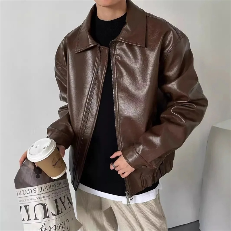 Elegant Vintage Motorcycle Puleather Jacket For Men Trendy Korean Style Cropped Leather Jacket Casual Loose Fit Fall Winter 250109