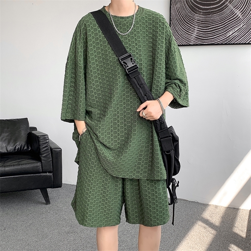 Men's Tracksuits Summer 2pcs Men's Sets Baggy Short Set Clothing Loose Stretch Solid O-Neck T Shirts and Shorts Stylish Oversize Streetwear 