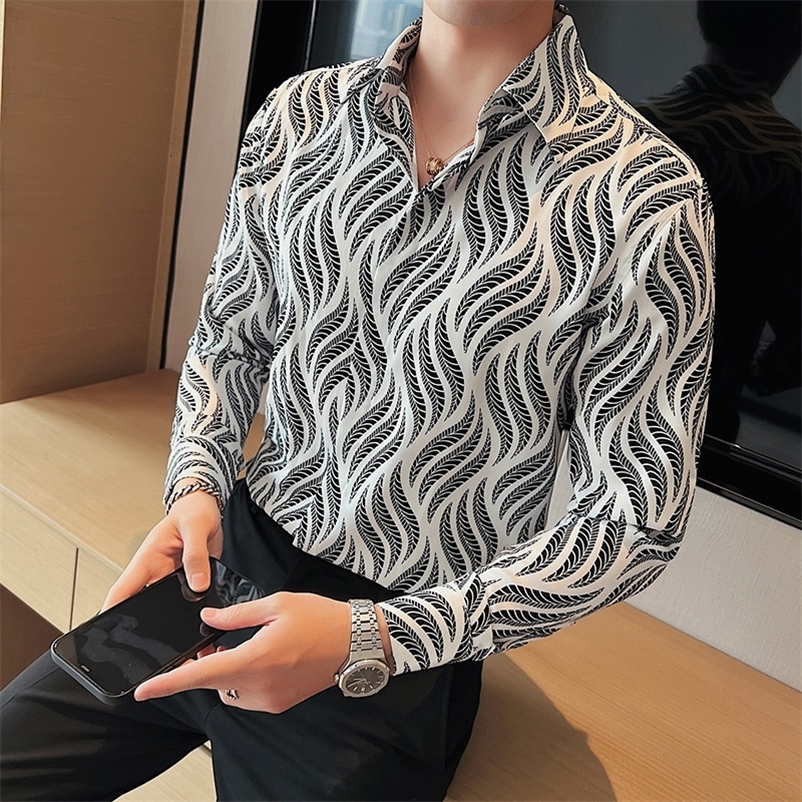 Men's Casual Shirts Black/White Autumn Long Sleeve Floral Shirt For Men Clothing Simple Slim Fit Casual Club/Prom Tuxedo Camisas De Hombre 230314