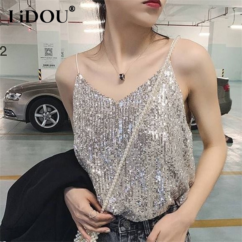 Camisoles Tanks Summer Fashion V-neck Sexy Solid Sequins Wild Slip Vest Women Streetwear Girls Short Loose Bottoming Tank Top Clubwear 230327