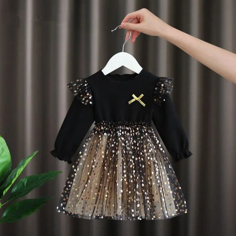 Spring Summer Kids Clothes Girls Long Sleeve A-line Dresses 1-6 Years Star Sequin Mesh Patchwork Princess Dress 241219