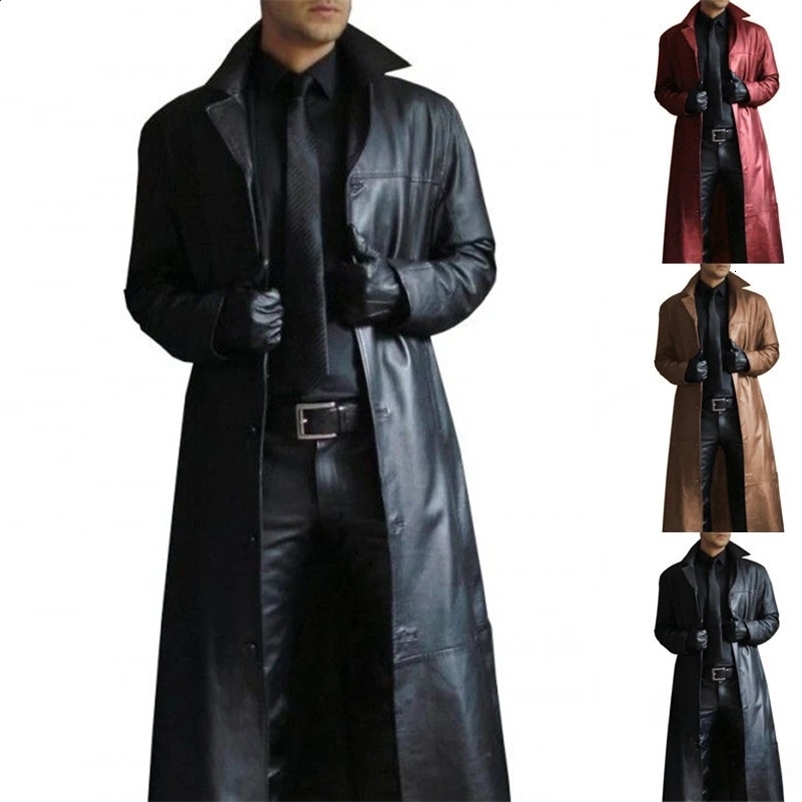 Mens jacket collar smooth synthetic leather mens autumn coat windproof street coat slim fit long sleeved mens trench coat 241203