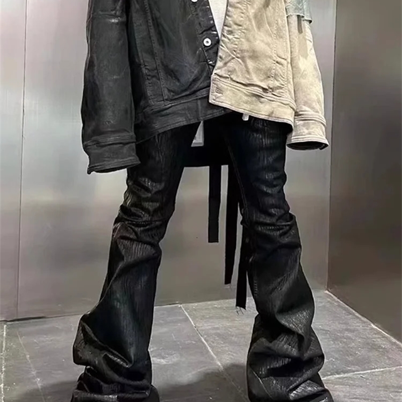 Streetwear Black Wax Leather Strecth Jeans for Men Ropa Hombre Baggy Y2k Flare Pants Oversized Straight Denim Trousers 240429