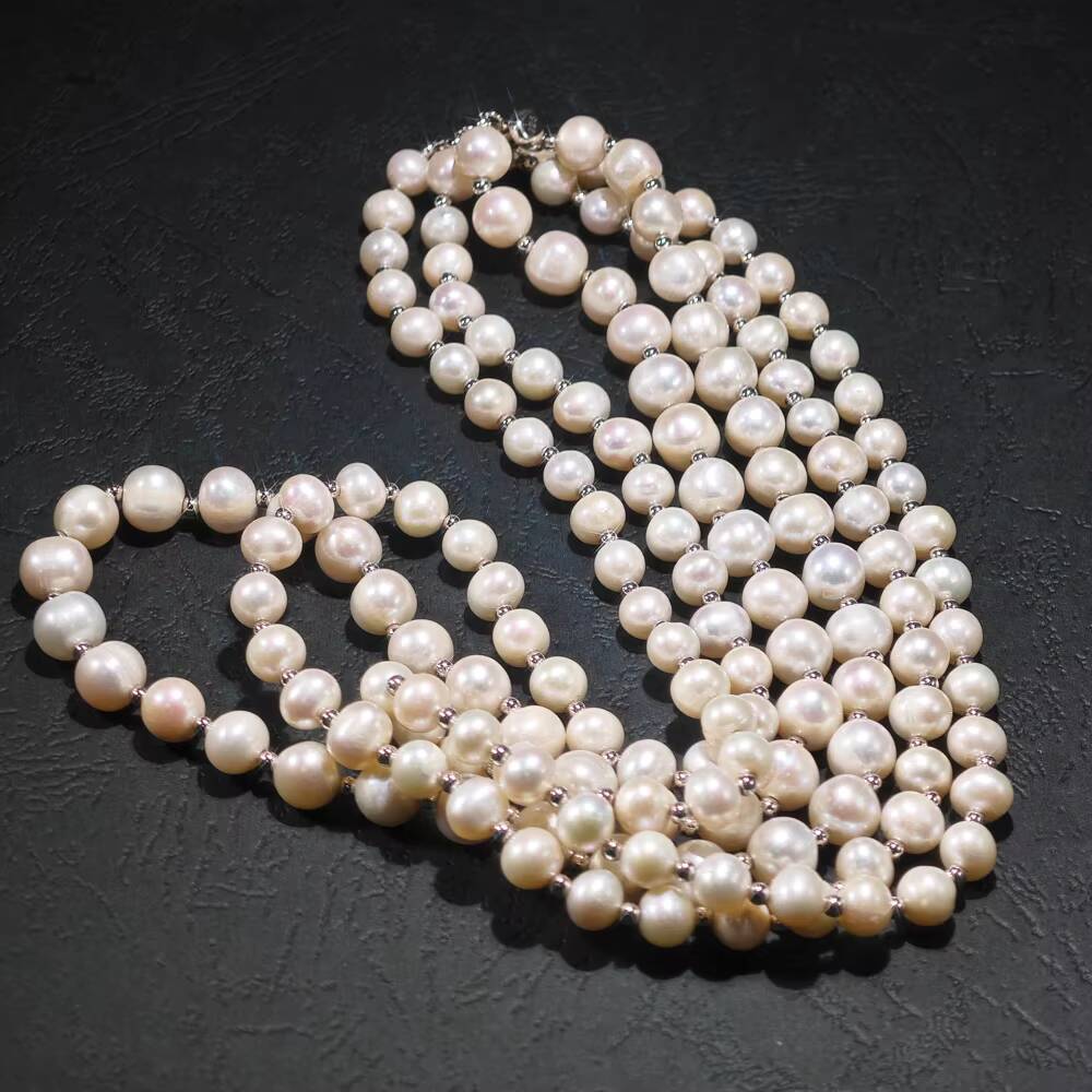 Luxury High Quality 79mm 5A Natural Freshwater Pearl 3 Rows Pearl Necklace for Women Bride Party Banquet Wedding Silver Jewelry