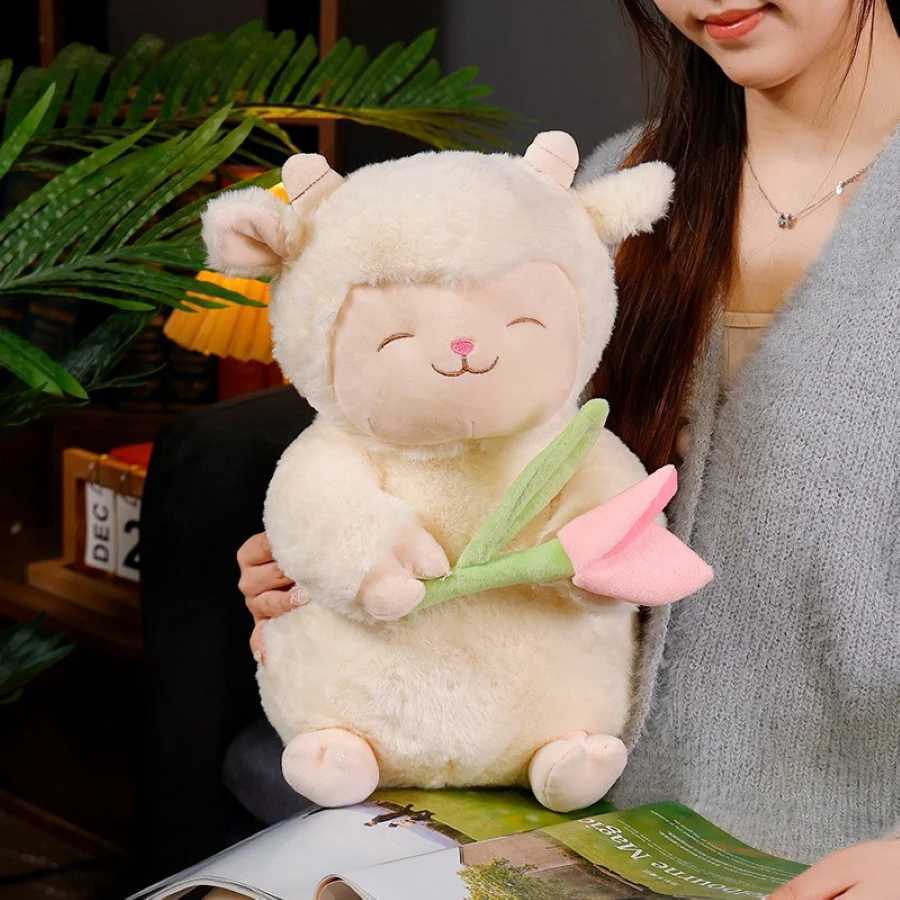Kawaii Sweet White Sheep Lam Hold Tulip Flower Plush Doll Soft Stuffed Lamb With Tulip Plushie Toy Cute Gift For Kid Birthday C250925