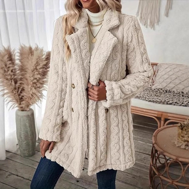 Women's Plush Coat Comfortable Casual Warm Suit Collar Double-Breasted Mid-Length Overcoat