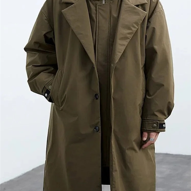 Fashionable solid windproof long trench jacket mens casual loose oversized high-quality jacket autumn street warm mens jacket 241203