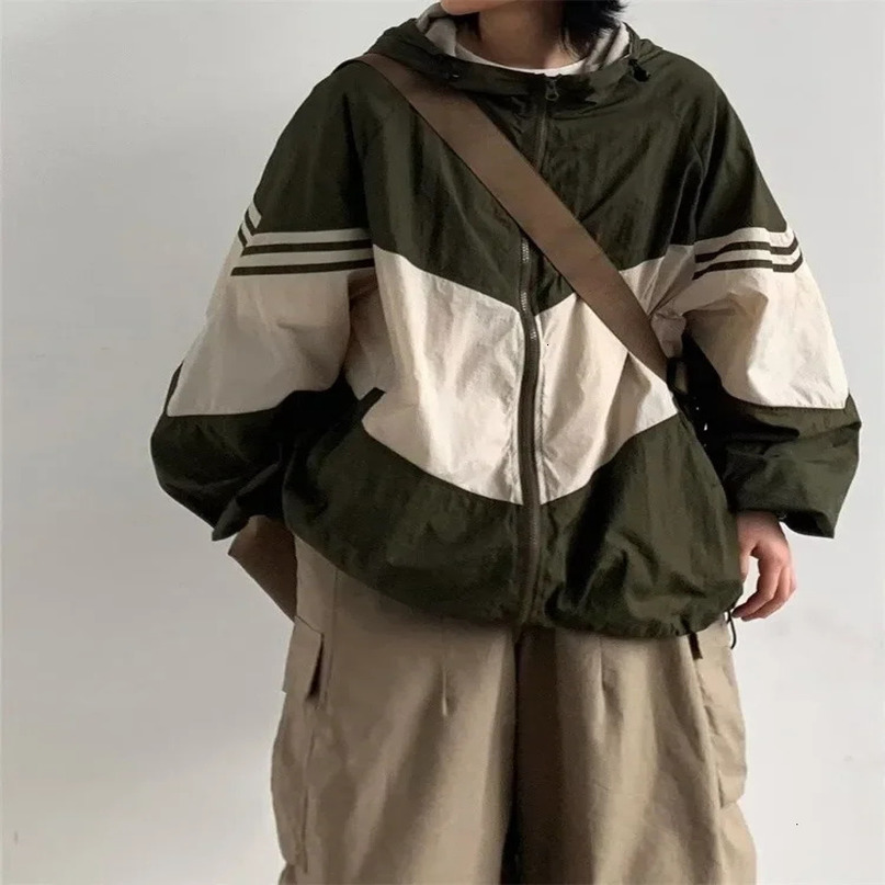 QWEEK Y2K Gorpcore Hooded Jacket Women Japanese Style Vintage Quick Dry Green Outerwear Oversized Harajuku Retro Thin Brown Top 240715