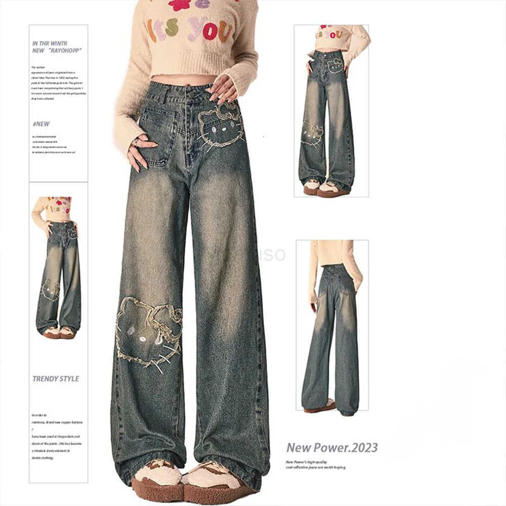 Sanrio Anime women Jeans Y2K Hello Kitty Kawaii American Style Vintage Pants Spring Autumn High Waist Trend Loose Mopping Pants L250925