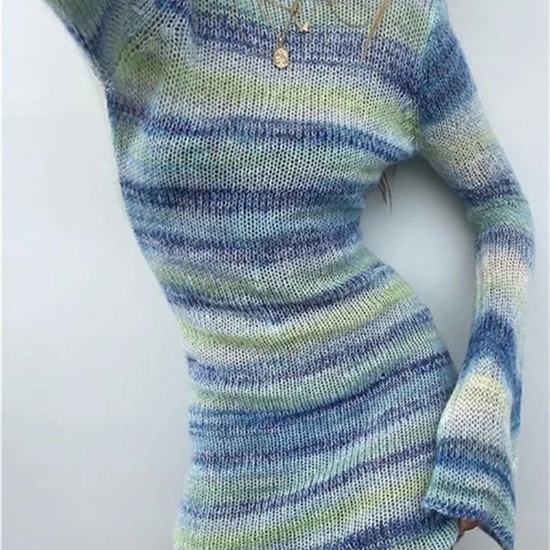 CHRENSTYLE Womens Y2K Knitted Short Skirt Color Striped Tight Mini Dress Ultra Thin Fit Long Sleeve Beach Wear Tank Top 250422