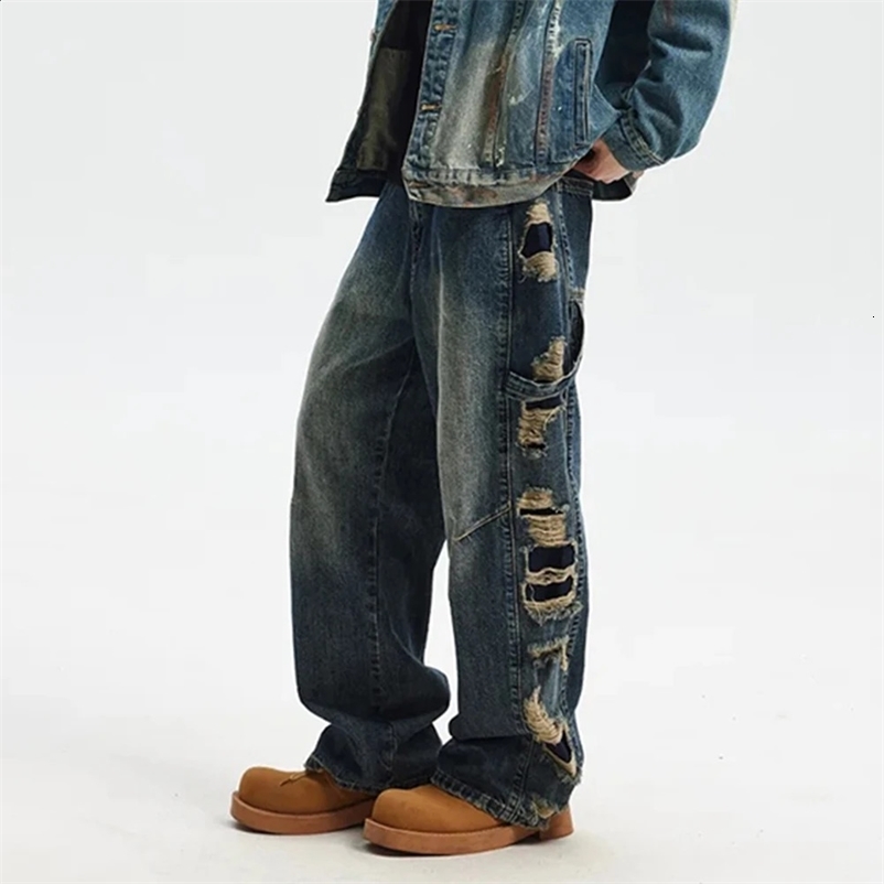 Double hole tear casual boots mens and womens streetwear washing blue jeans pants Distressed casual jeans Trouser oversized 241203