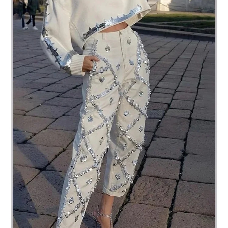 Sequin Decor Straight Leg Denim Jeans for Women High Wait Elegant Casual Pockets Vintage Diamond Denim Pencil Pants Trousers 250225