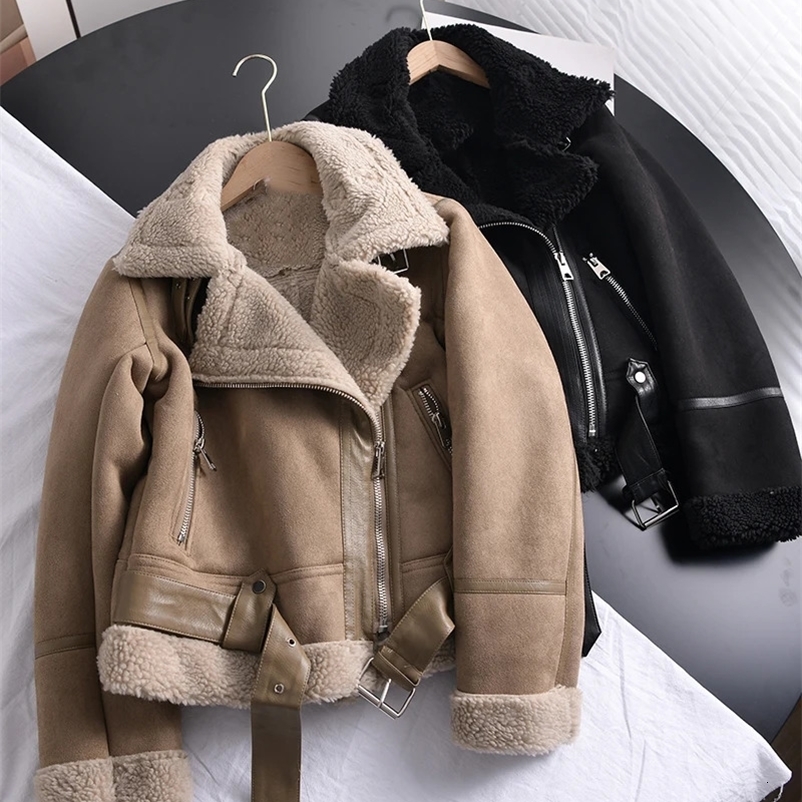 RARF Winter Womens Thick Fleece Sheepskin Jacket Short Motorcycle Brown Jacket Artificial Wool Sheepskin Jacket 241007