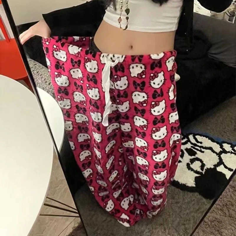 Sanrio Hello Kitty Cartoon Printing Wide Leg Pants Loose Hello Kitty Pajamas Elastic Waist Straight Casual Pants Girls Gifts L250925
