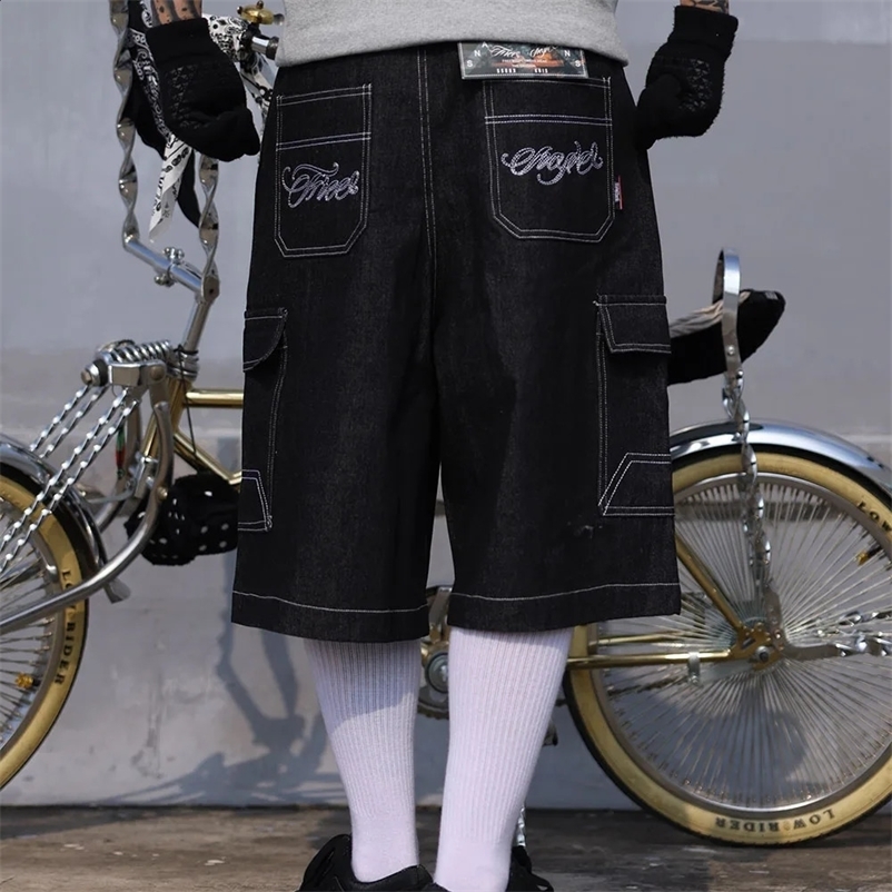 Hip Hop Summer Embroidery Floral Baggy Over Knee Jeans Shorts Mens Vintage Wide Leg Pockets Oversized Denim Five Point Pants 250118