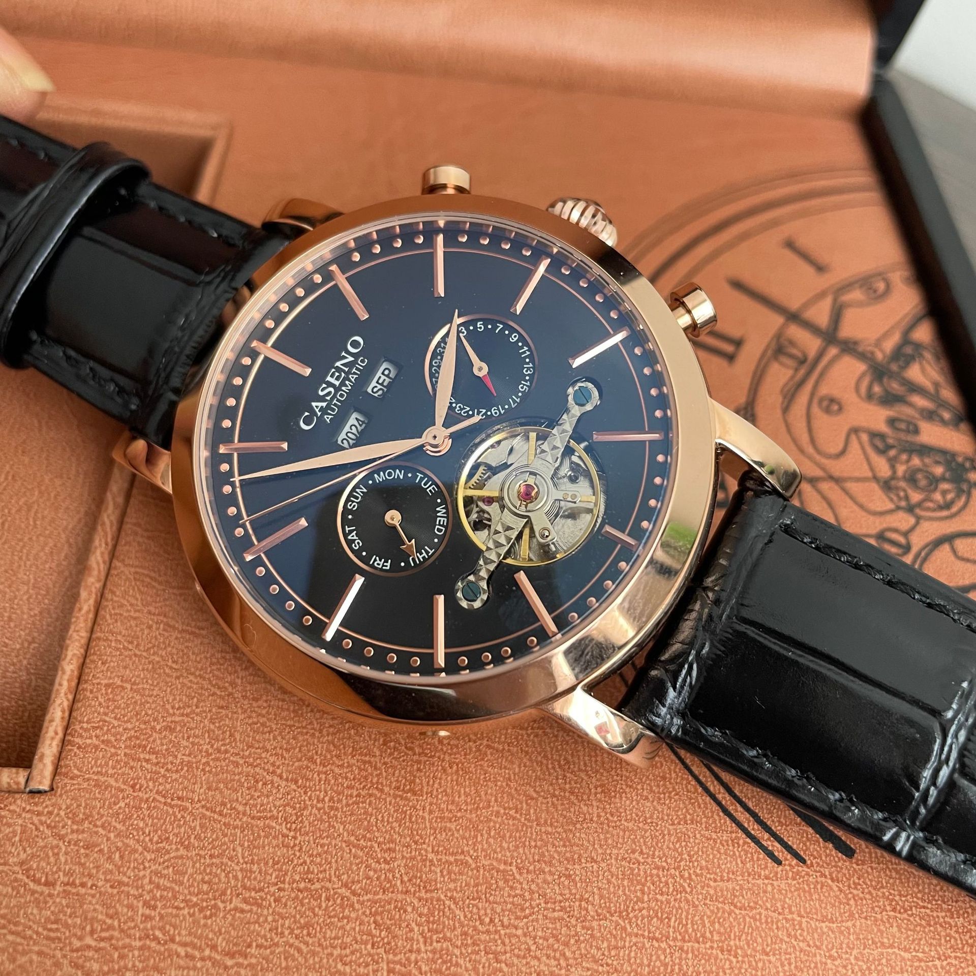 Elegant caseno Men's Chronograph High-Quality Stainless Steel Band, Self-Winding Movement w/ Complicated Tourbillon Feature