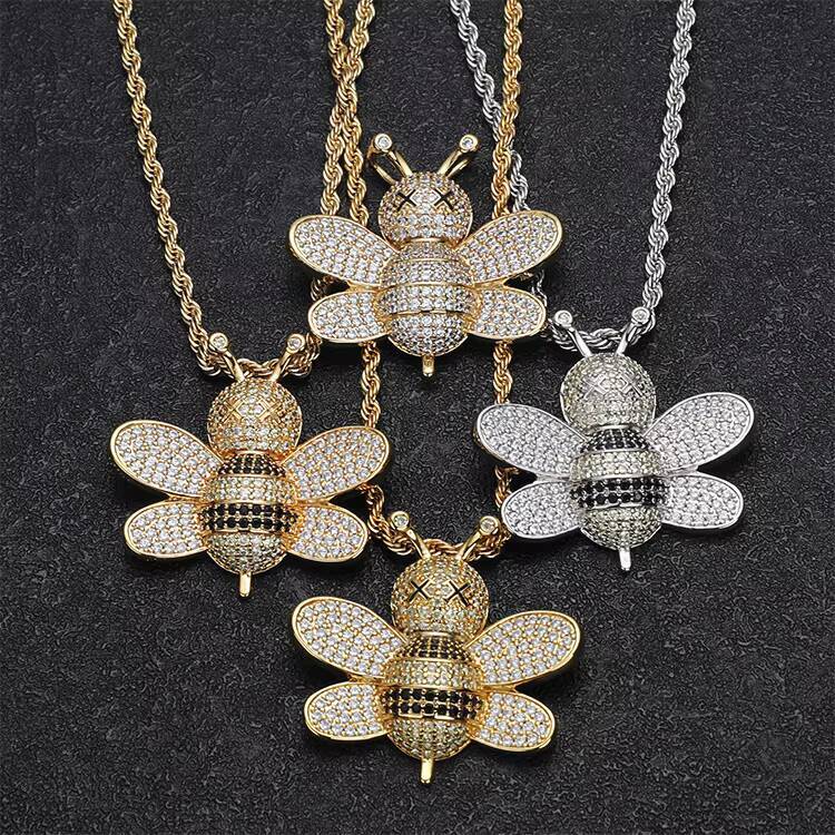JWY Mens Stylish Brass Pendant Necklace Big Iced Out Bee with Gold Silver Plating Hip Hop Fashion Charms with Moissanite Stone