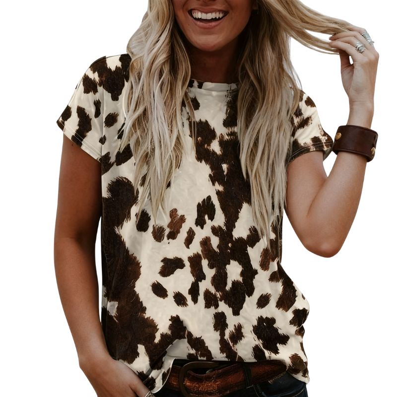 Women's Vintage Animal Print Crew Neck T - Shirt, Milk Silk Casual Versatile Short Sleeve Top for Outdoor & Vacation-CF52861