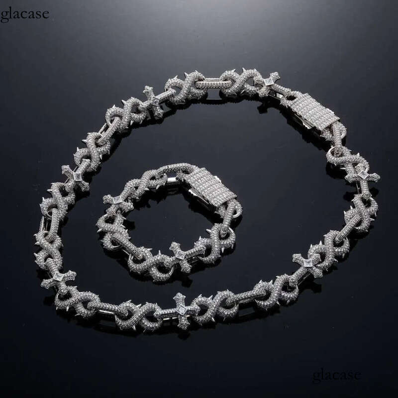 Hip Hop 8-shaped Thorn Cross Cuban Link Chain Necklace Bling Full Cubic Zirconia Iced Out Dia Personalized Mens Necklaces Choker Bracelet Accessories 