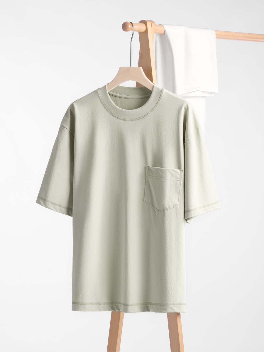 Men's College-Style Solid Color Ice-Feel Cotton T-Shirt - 230g, Loose Fit with Patch Pocket, Casual 3/4 Sleeve Menswear for Cool Comfort -59M