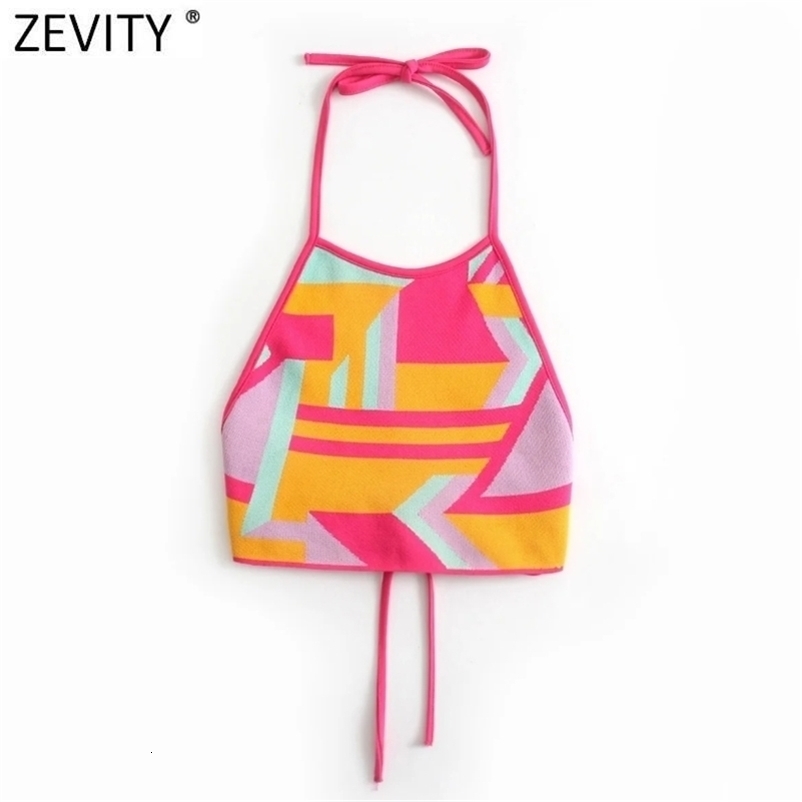 Zevity Women Chic Color Match Geometric Knitting Halter Camis Tank High Street Ladies Summer Backless Lace Up Crop Tops LS9427 210625