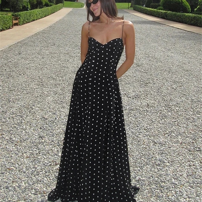 Dot Print Long Slip Dress Women Spring Summer V-neck Sleeveless Backless A-line Dresses Female Party Vintage Robes Lady Holiday 250218