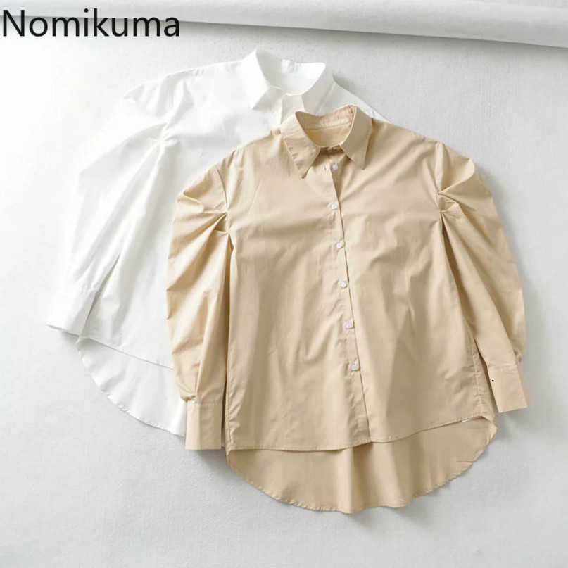 Nomikuma Vintage Puff Sleeve Women Blouse Causal Turn-down Collar Solid Shirt Spring New Women Blusas Mujer De Moda 6E108 210427