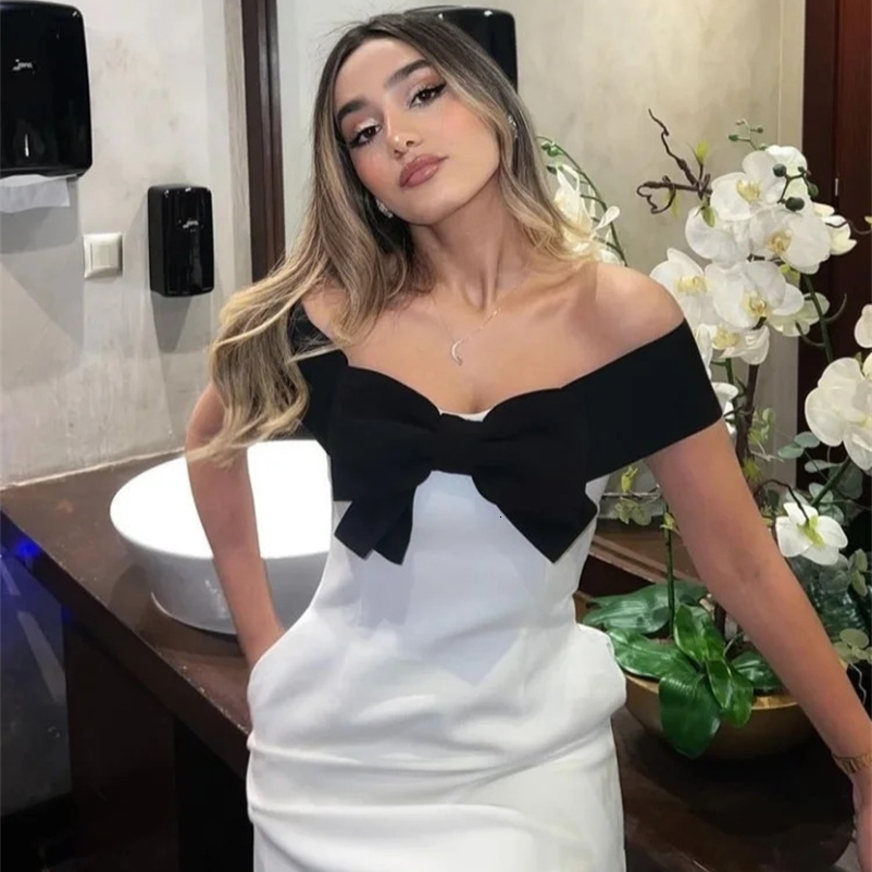 Womens Fashion Black and White Contrast Bow Mini Dress Elegant Long Sleeve High Waist Slim Fit Vestdos Womens Street Dress 241231