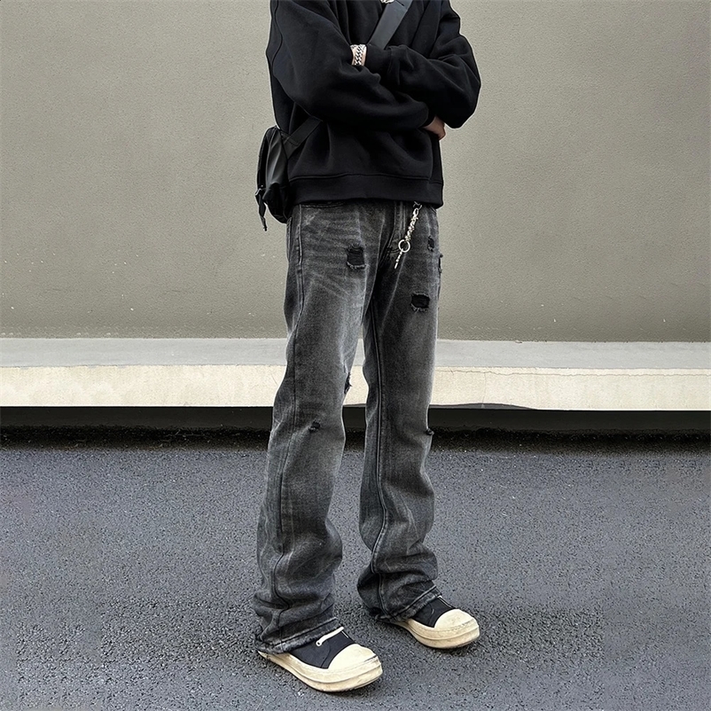 Open collar jeans mens black streetwear Y2k denim pants autumn and winter casual fashion street retro cool stacked straight leg Trouser 241203