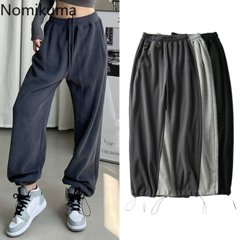 Nomikuma Causal Winter Fleece Sweatpants New Lace Up Stretch High Waist Long Trousers Women Autumn Drawstring Pants 6D568 210427