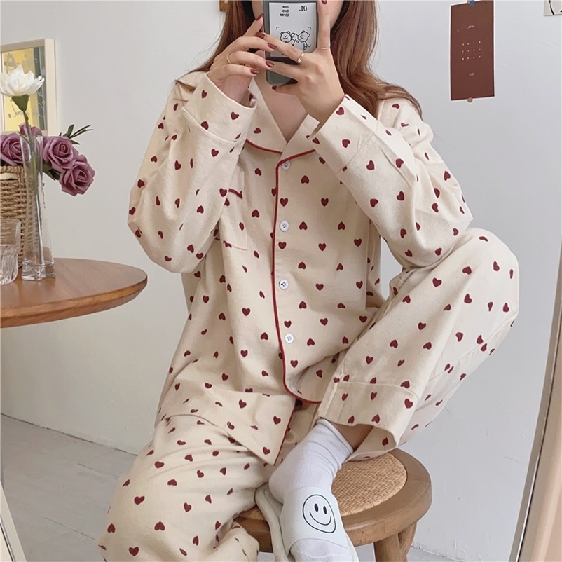 Women's Sleepwear Heart Print Home Suit Loose Cotton Casual Sleepwear Korean Pajamas Set Trousers Harajuku Home Clothes Kawaii Single Breasted To