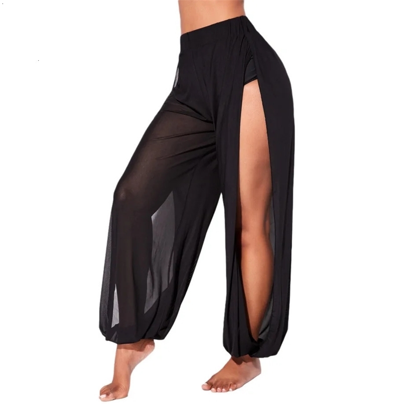 Sold Fashion Beach Pants Ladies Mesh See Through Long Trousers Loose Open Slit Thin Light Long Pant 250304