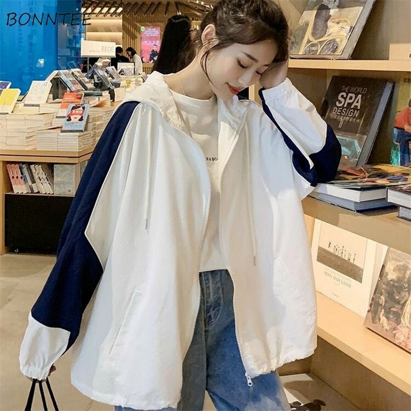 Women's Jackets Basic Jackets Women Fashion All-match Aesthetic Outwear Kawaii Tunic Patchwork Loose Zipper Hooded Clothing Sun-proof Harajuku 23