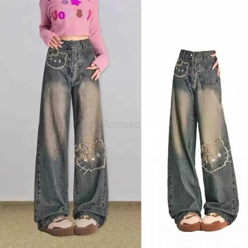 Sanrio Cartoon Women Jeans Hello Kitty Trousers Sanrioed Anime Cute Autumn Student High Waisted Embroidery Kawaii Girls Wide Leg Pant L250925