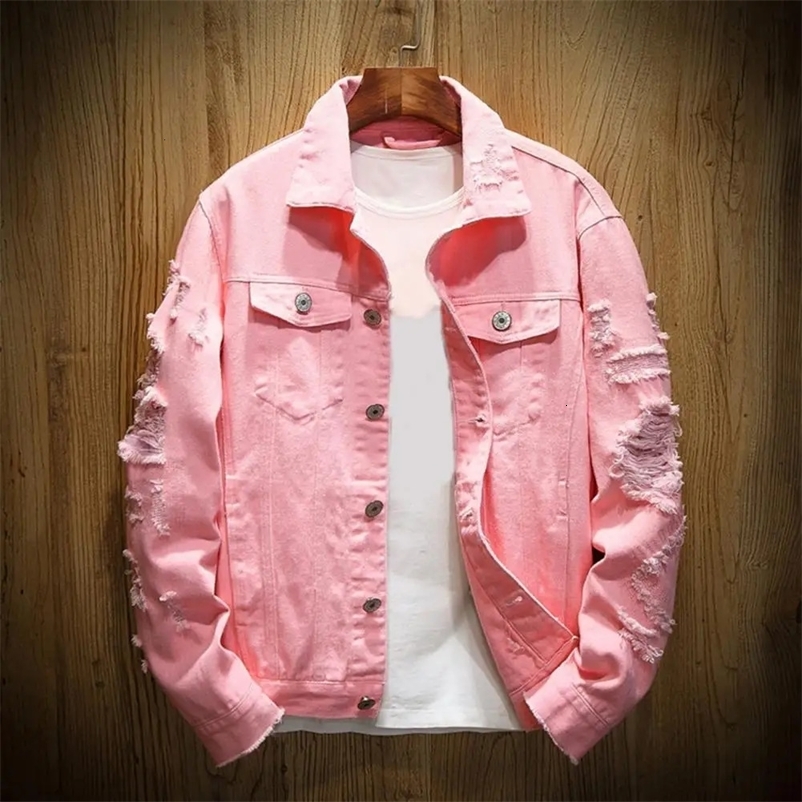 Men Jean Jacket Men Jacket Ripped Hole Daily Wear Male Single Breasted Pockets Jacket 240319