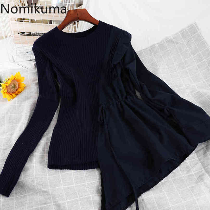 Nomikuma Korean Patchwork Irregular Women Knitwear Drawstring Slim Waist Pullovers Causal Long Sleeve Elegant Knitted Tops 6E171 210427