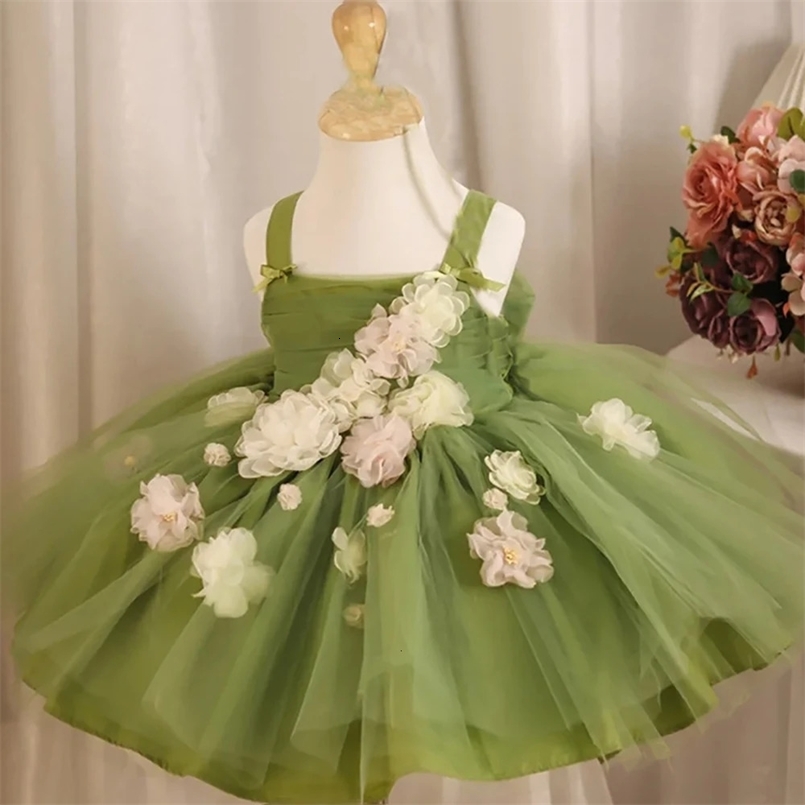 Summer Floral Green Wedding Party Dress For Flower Girls Baby Girl 1st Birthday Tutu Dresses Toddler Daily Holoday Clothes Wear 250107
