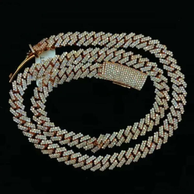 10MM VVS Moissanite Miami Cuban Chain With 14k Rose Gold Finished in Sterling Sier 18 - 26 Pass the Dia aaa
